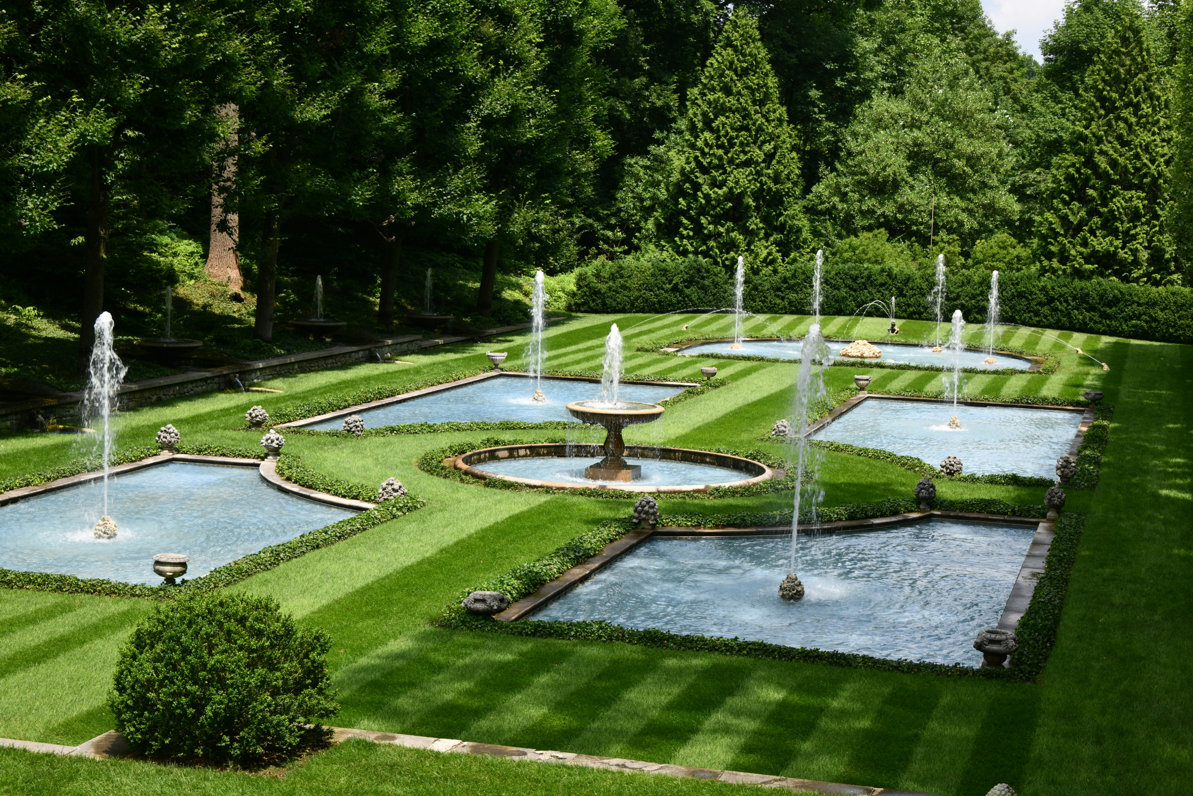 green garden with ponds and fountains
